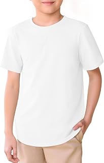 Haloumoning Boys Short Sleeve Shirts Kids Summer Crewneck Curve Hem Tunic Tops Basic tees 5-14 Years