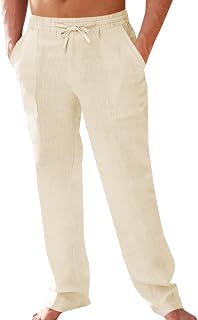 Mens Cotton Linen Pants Elastic Waist Drawstring Casual Pants Lightweight Straight Leg Loose Fit Summer Beach Yoga Pants