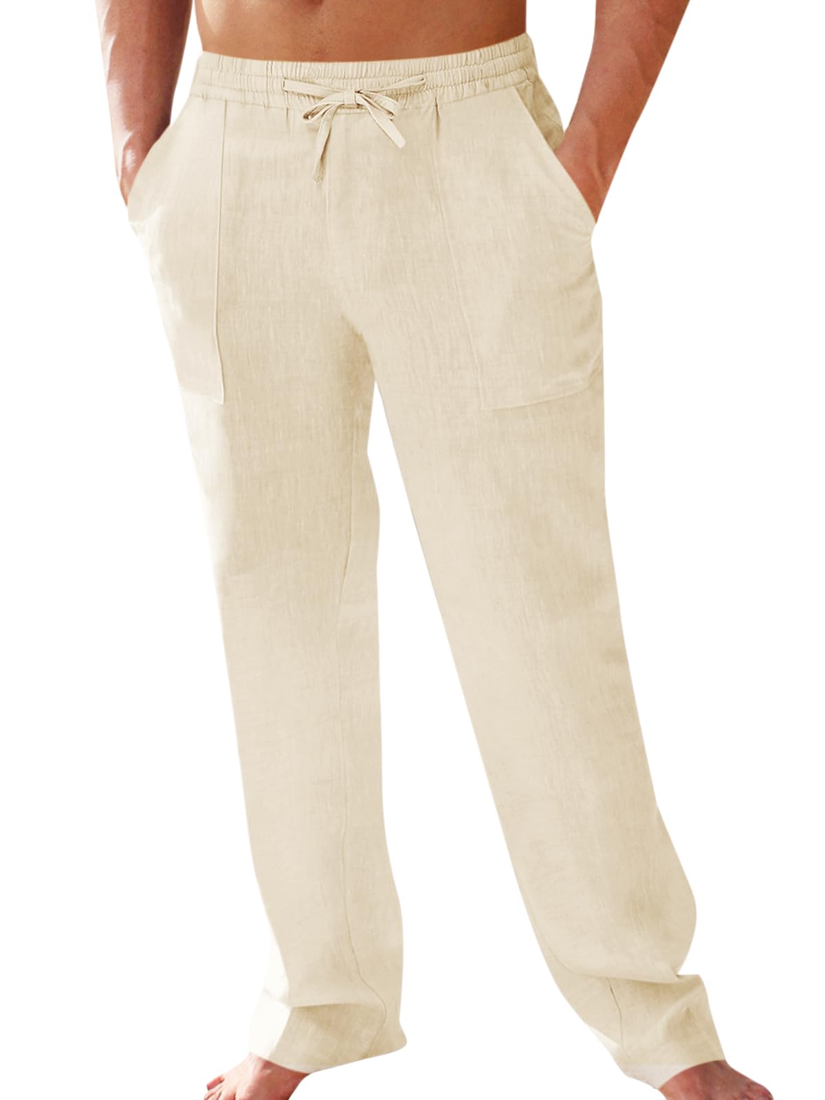 Mens Cotton Linen Pants Elastic Waist Drawstring Casual Pants Lightweight Straig