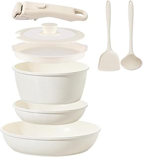 Ceramic Cookware Set Non Stick 8Pcs Pots and Pans Set Detachable Handle Induction Kitchen Cooking Set with Frying Pans Oven Dishwasher Safe, PFAS/PFOA Free, Cream White