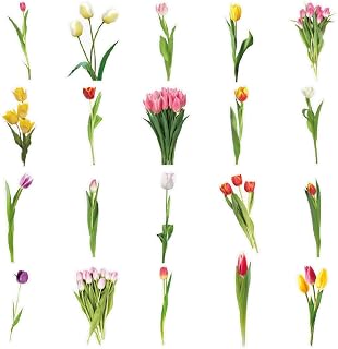 40 Pcs Flower Stickers for Water Bottle - Self Adhesive Transparent Waterproof Vinyl Sticker Decals for Adults Card Decoration DIY Scrapbooking Laptop Phone Case Nature Flowers Plants Colorful Tulip