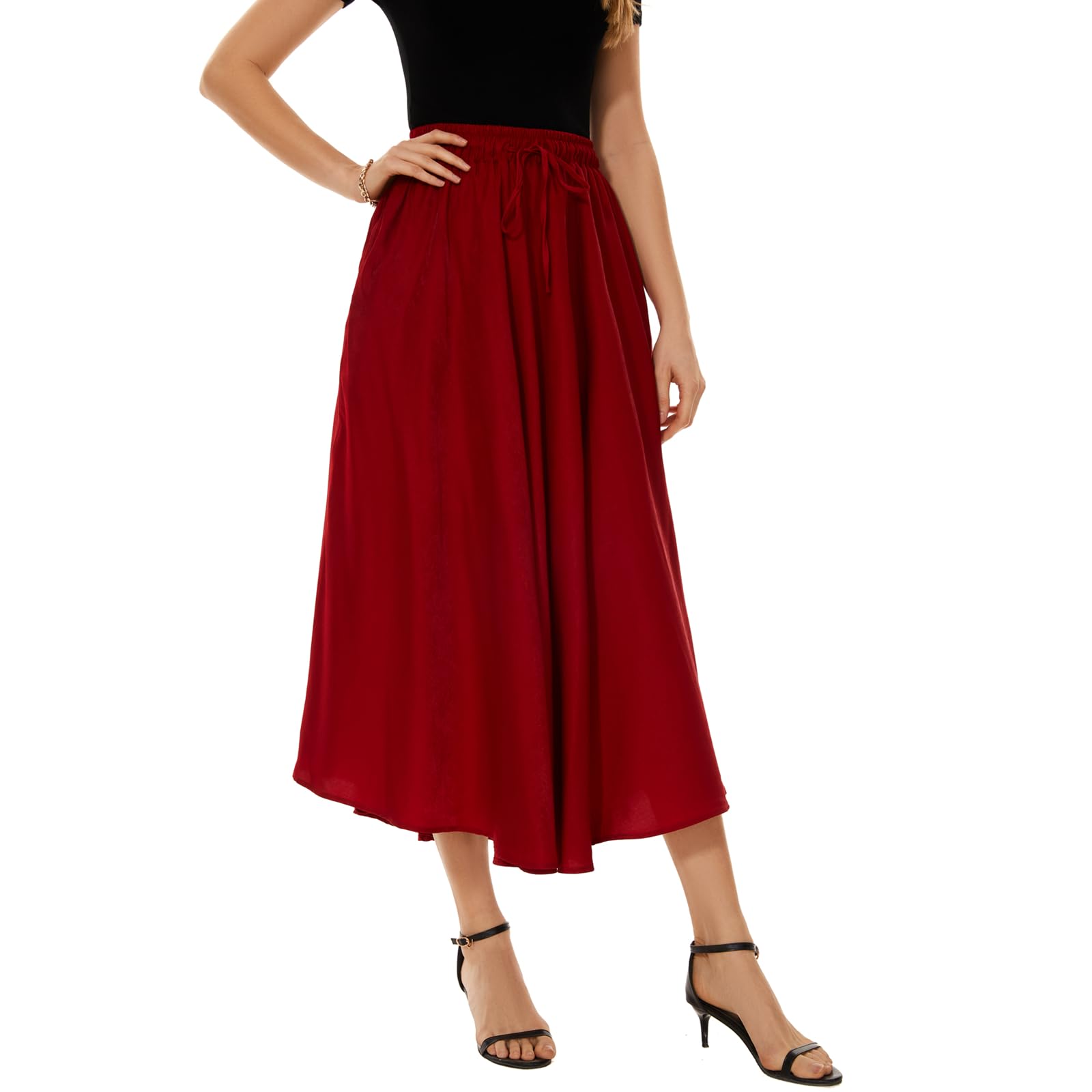 Skirt Women Maxi Long Midi Satin Line Casual Summer Slip House Beach Party (Red 