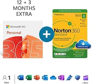 Microsoft 365 Personal | 15 month subscription | 1 person | Word, Excel, PowerPoint | 1TB OneDrive cloud storage + Norton 360 Standard | 1 device | Online Security | PC/Mac | Activation required