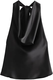 CORIRESHA Women's Elegant Satin Tie Back Cowl Neck Sleeveless Silk Backless Tank Top
