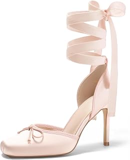Coutgo Scarpe da ballo da donna, con tacco alto, in raso, punta quadrata, fiocco