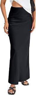 Vrtige Elegant Satin Skirt for Women High Waist Zipper Flowy A-line Maxi Skirt