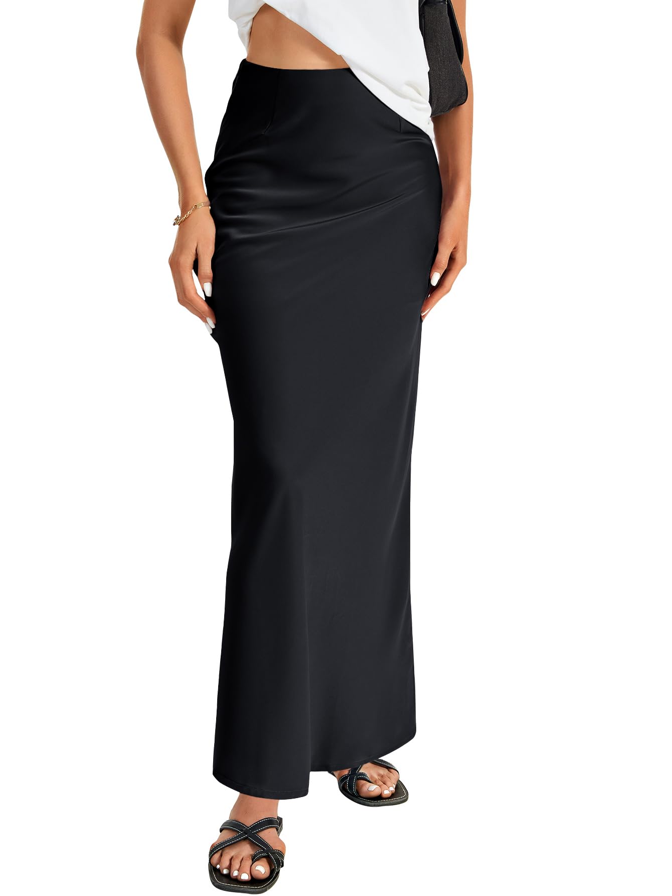 Vrtige Elegant Satin Skirt for Women High Waist Zipper Flowy A-line Maxi Skirt
