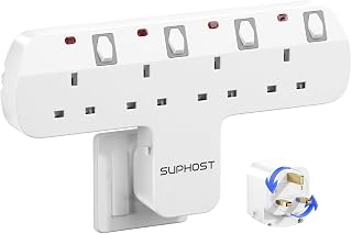 Plug Extension Socket, 4 Way Plug Adapter with 180 Degree Rotating UK Plug, 13A Fused Multi Plug Adaptor with 4 Independent Switches, Wall Socket Extension for Home Office Kitchen