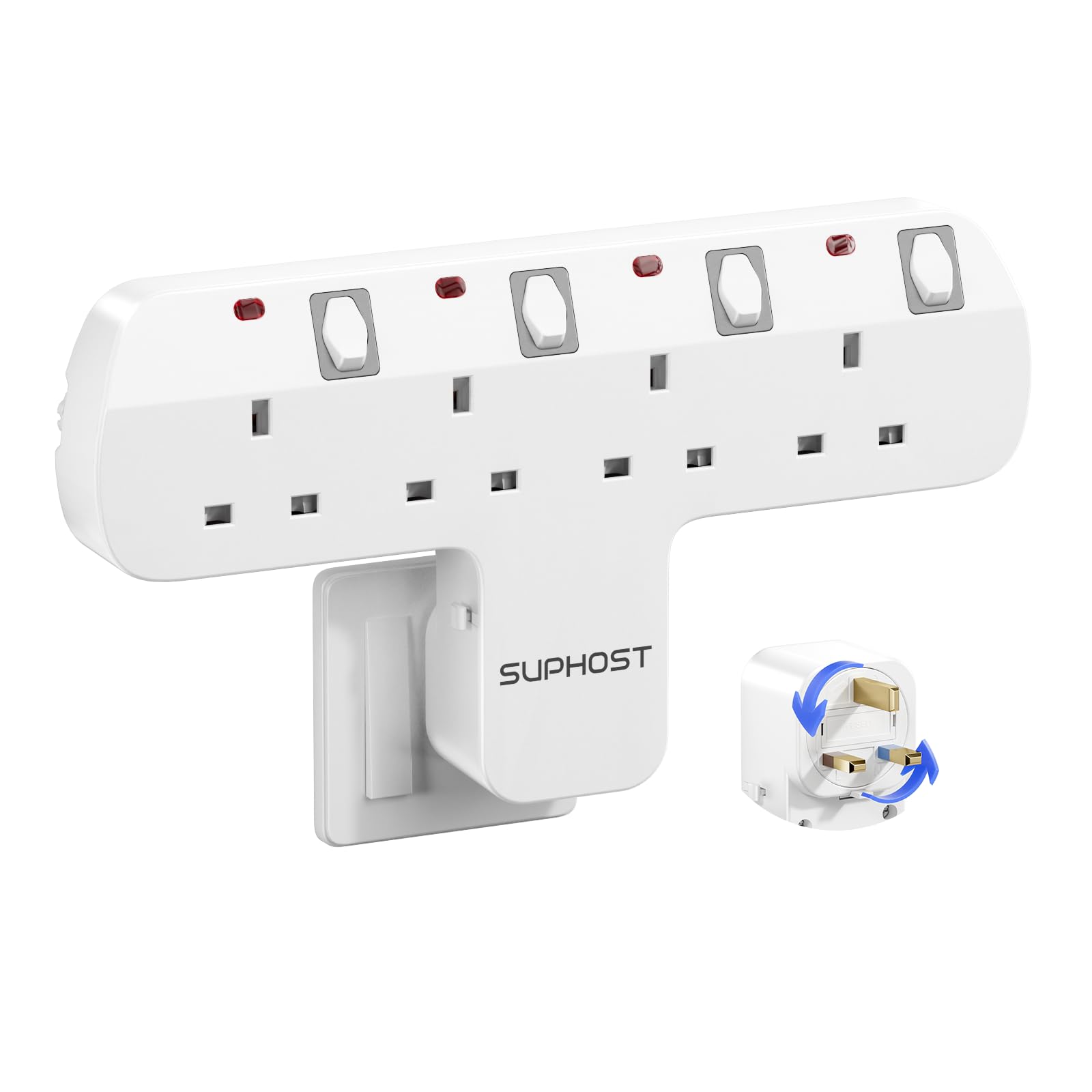Plug Extension Socket, 4 Way Plug Adapter with 180 Degree Rotating UK Plug, 13A 