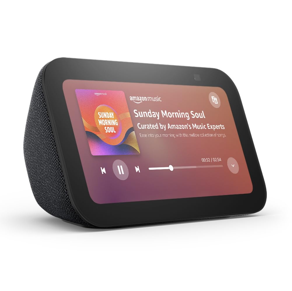 Echo Show 5 (Newest gen), Smart display and alarm clock with clearer sound, Char