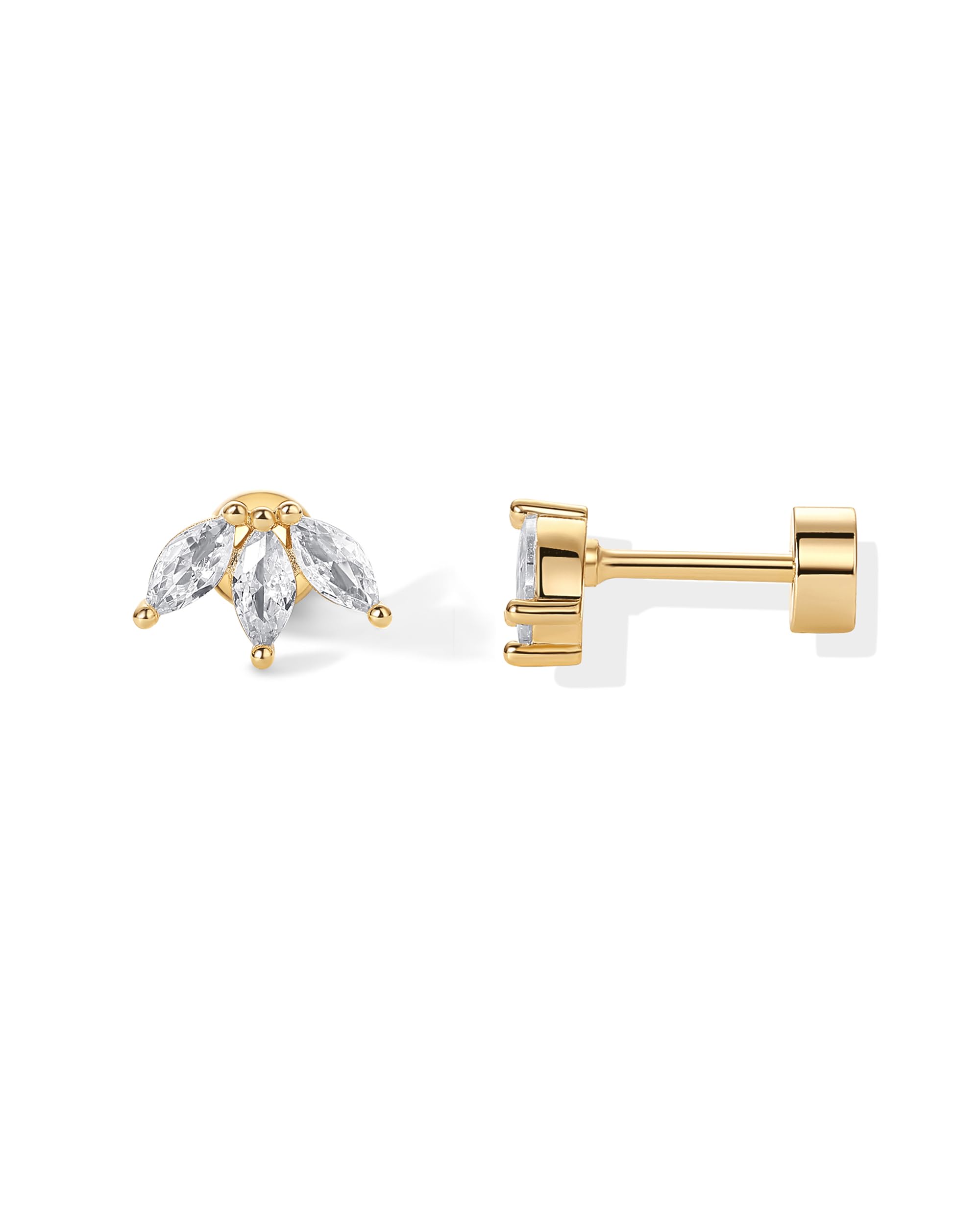 PAVOI Dainty Flat Back Earrings for Women, 14K Gold Plated CZ Stud Piercing