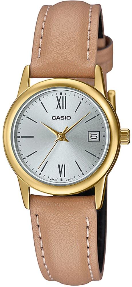 Casio LTP-V002GL-7B3 Women's Gold Tone Brown Leather Band Silver Date Dial Watch