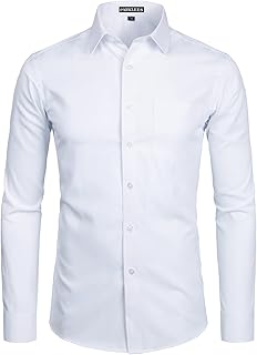 PARKLEES Men's Long Sleeve Slim Fit Casual Business Wedding Shirt with Chest Pocket