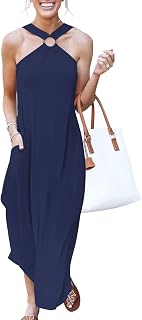 ANRABESS Summer Maxi Dress for Women Halter Neck Sleeveless Side Split Casual Beach Travel Vacation with Pockets