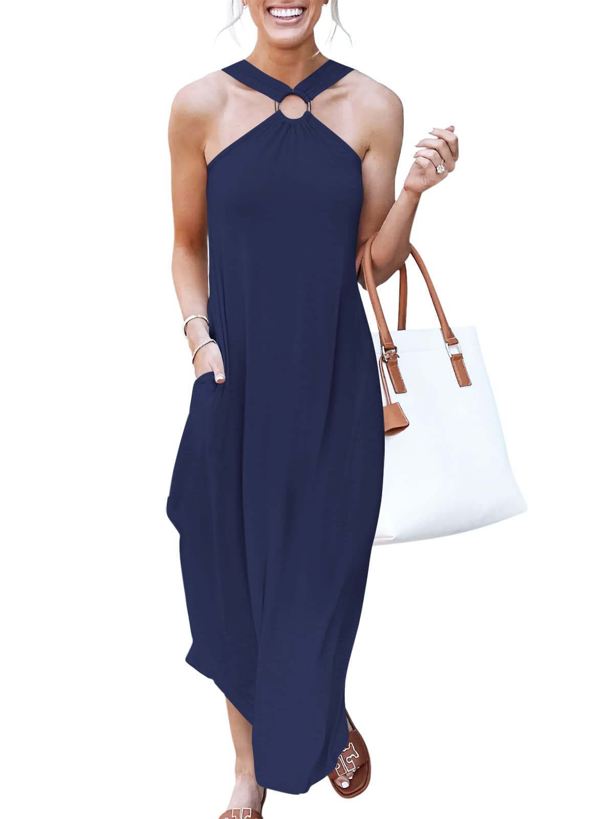 ANRABESS Summer Maxi Dress for Women Halter Neck Sleeveless Side Split Casual Be