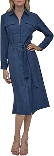 DKNY Womens Long Sleeve Collared Tie Midi ShirtdressDress