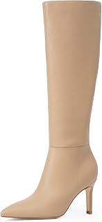 Easyfox Ladies Knee High Boots Pointed Toe High Shaft 3" Stiletto Heel Long Side Zip Boots Elegant