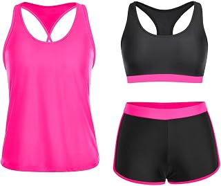 Yonique 3 Piece Athletic Tankini Swimwear for Women with Swim Shorts Tank Tops with Sports Bra and Culottes Swimwear