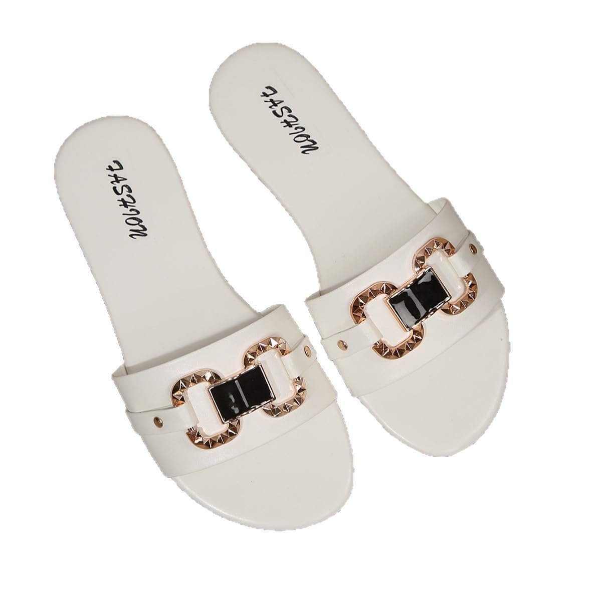 Flat Sandals for Women Black Open Toe Sandals with Gold Chain Buckle Casual Slip