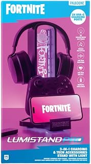 Paladone Fortnite 3-in-1 Headphone Stand and Tech Charging Station with Console Controller Cradle and 2 USB-C Ports, RGB Colour Changing Light Panel, Officially Licensed Gift for Gamers