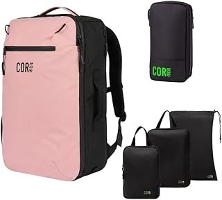 COR Surf Carry On Travel Backpack Bundle | Island Hopper Travel Backpack with Toiletry Bag and Compression Packing Cube Set (40L, Pink)