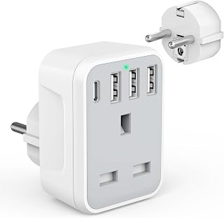 UK to European Travel Adaptor with 4 USB Charging Ports(1 USB C), Europe to UK Power Plug Adapter for Germany Spain France Iceland Greece Poland Netherlands Austria Turkey etc (Type E/F)