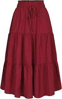 MSLG Women's High Elastic Waist Midi Skirt Casual Summer Trendy Tie Front Flowy Ruffle Floral Print A line Skirts 626