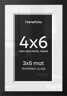 Homeforia 4x6 Black Picture Frame, High-End Metal, 3x5 Mat, Glass