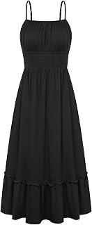GRACE KARIN Robe longue décontractée à bretelles spaghetti sans manches avec taille plissée, noir, Taille XL