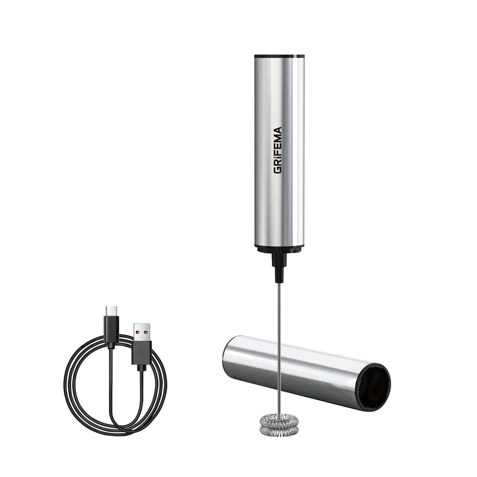 GRIFEMA Milk Frother Handheld Rechargeable Electric Coffee Mixer, Metallic Silve