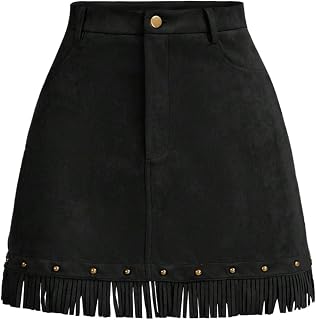 WDIRARA Womens Faux Suede Tassel Skirts High Waisted A-Line Mini Short Skirts