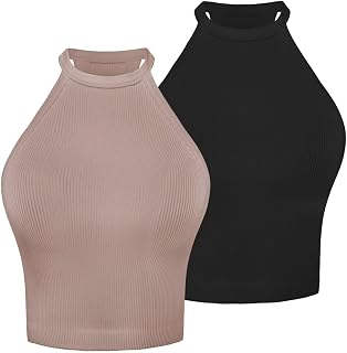 Sunzel 2 Pcs Womens Ribbed High Neck Seamless Sleeveless Workout Athletic Yoga Tank Tops