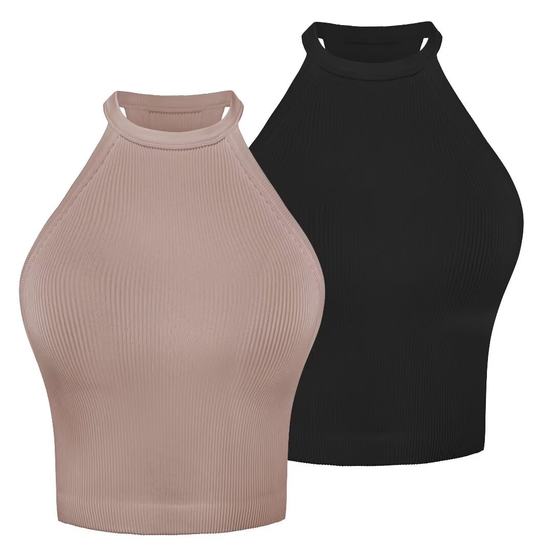 Sunzel Women's Ribbed Seamless Halter Neck Cropped Yoga Worokout Tank Top