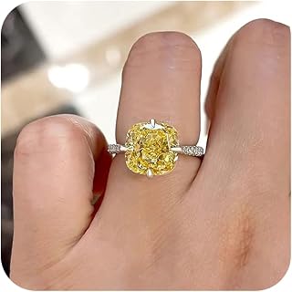 Yellow Stone Ring Cubic Zirconia Square Yellow Crystal Engagement Princess Rings for Women 4CT Solitaire 18K White Gold Plated 5A CZ Promise Cocktail Rings with Hidden Halo Size 6