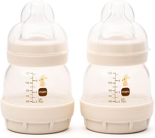 MAM Easy Start Anti-Colic Bottle, 1x 130ml, Self-Sterilising, Linen | Baby Milk Bottle with MAM Extra Slow Flow Teat Size 0, Baby Accessories for Newborn (Designs Vary)