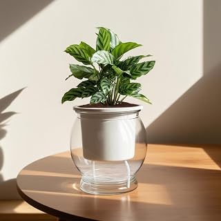1pc Self Watering Flower Pot Transparent Round Resin Planter Home Bedroom Plants Water Saving Lazy Garden Decoration (Fat Style, 10x10x13cm)