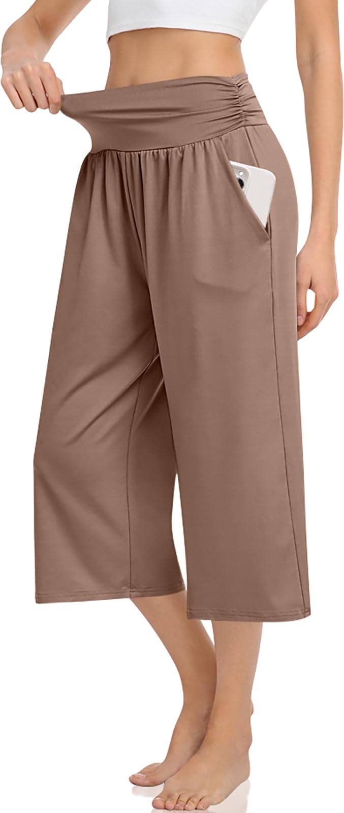 TARSE Womens Capris Lounge Yoga Pajama Cropped Pants Casual Wide Leg with Pocket