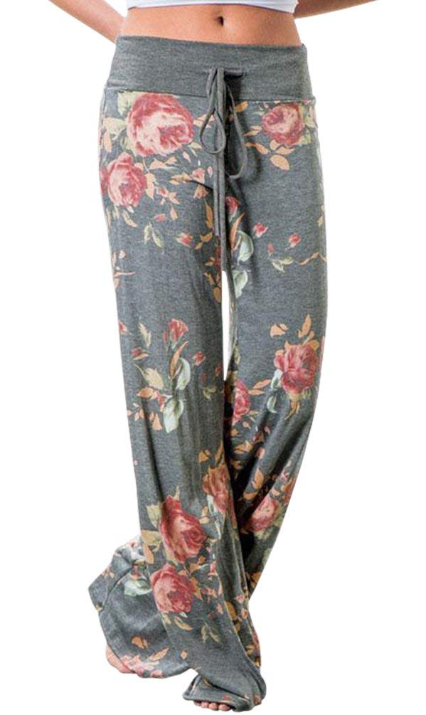 iniber Women's Floral Wide Leg Pajama Pants Casual Yoga Palazzo Drawstring Loose