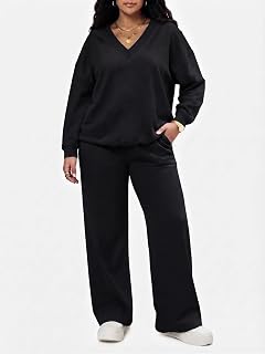 Women 2 Piece Outfit Set, V-Neck Long Sleeve Sweatshirt Wide Leg Pants Lounge Tracksuit Loungewear Sweatsuit