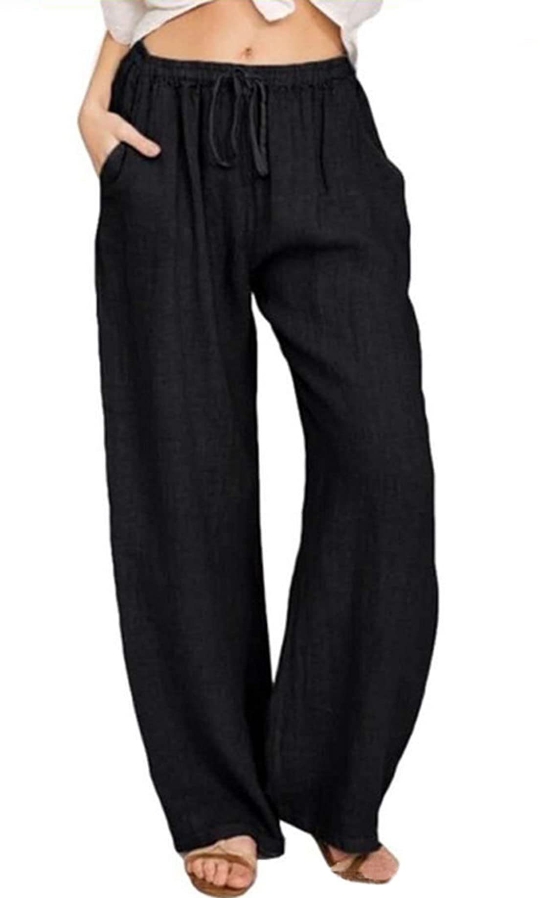 loveimgs Women's Casual Wide Leg Elastic Waist Loose Lightweight Summer Linen Be