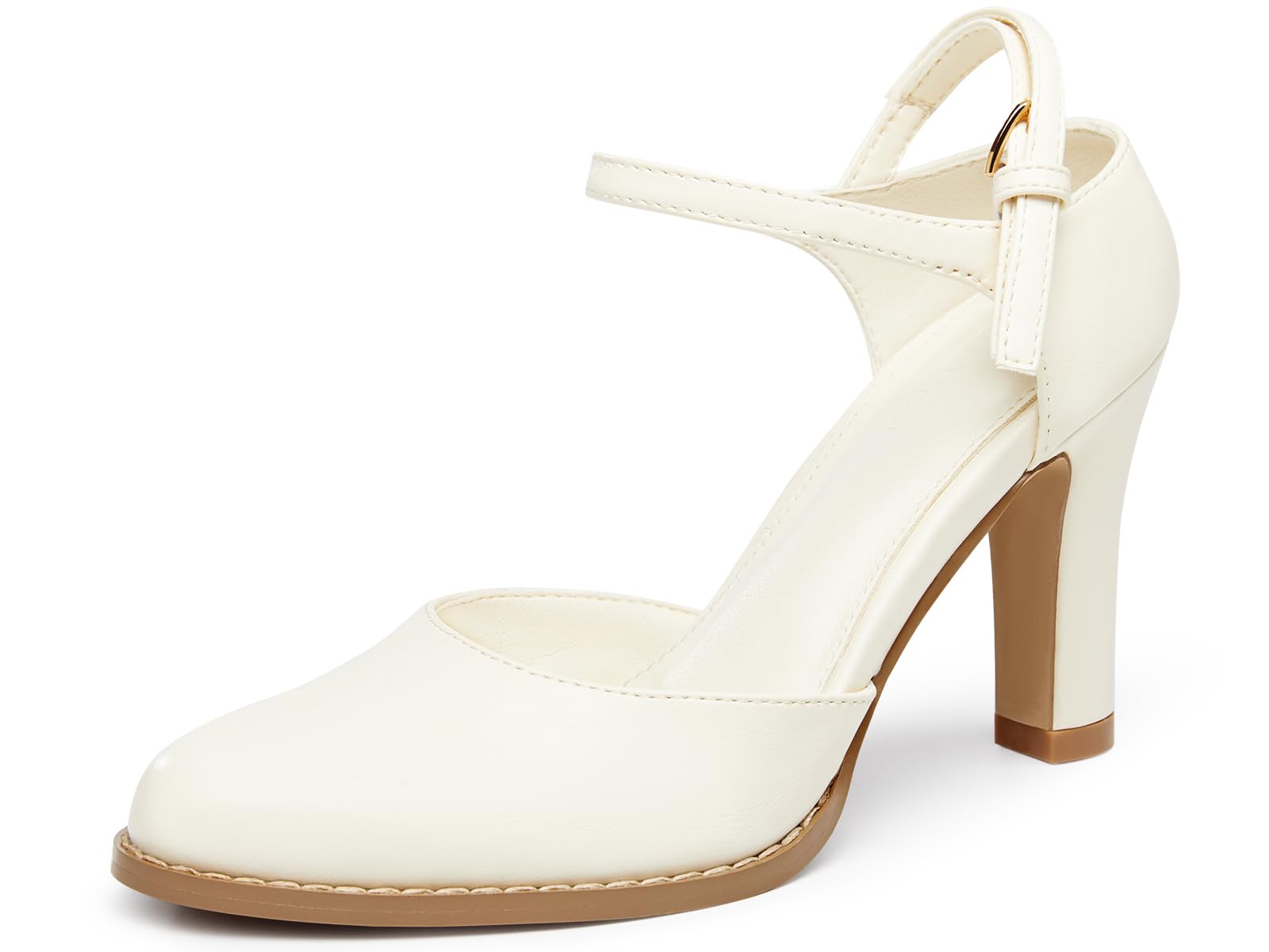Coutgo Womens Chunky High Heels Closed Pointed Toe Ankle Strap Pumps Vintage D'O