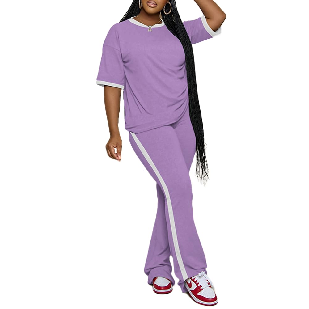 PINSV Women Sets 2 Piece Outfits Comfy Short Sleeve Top and Pants Lounge Sets Tr