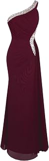 Angel-Fashions Women's One Shoulder Ruching Beading Ribbon Soft Evening Gown