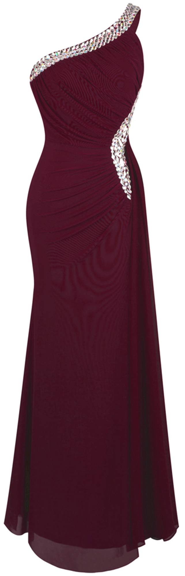 Angel-Fashions Women's One Shoulder Ruching Beading Ribbon Soft Evening Gown