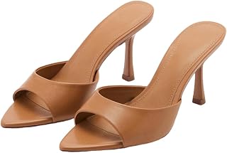 YIYA Women's Open Pointed Peep Toe Mules Kitten Heels Stiletto High Heels Slide Sandals Summer Slip On Backless Dress Spring Summer Pumps Shoes