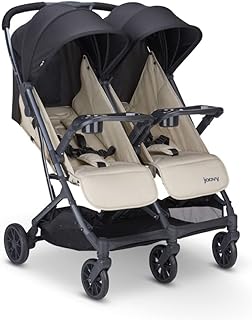 Joovy Kooper X2 Lightweight Travel Double Stroller, Sand | Compact tri-fold design, dual child snack trays, independent deep recline, 2 zippered pockets