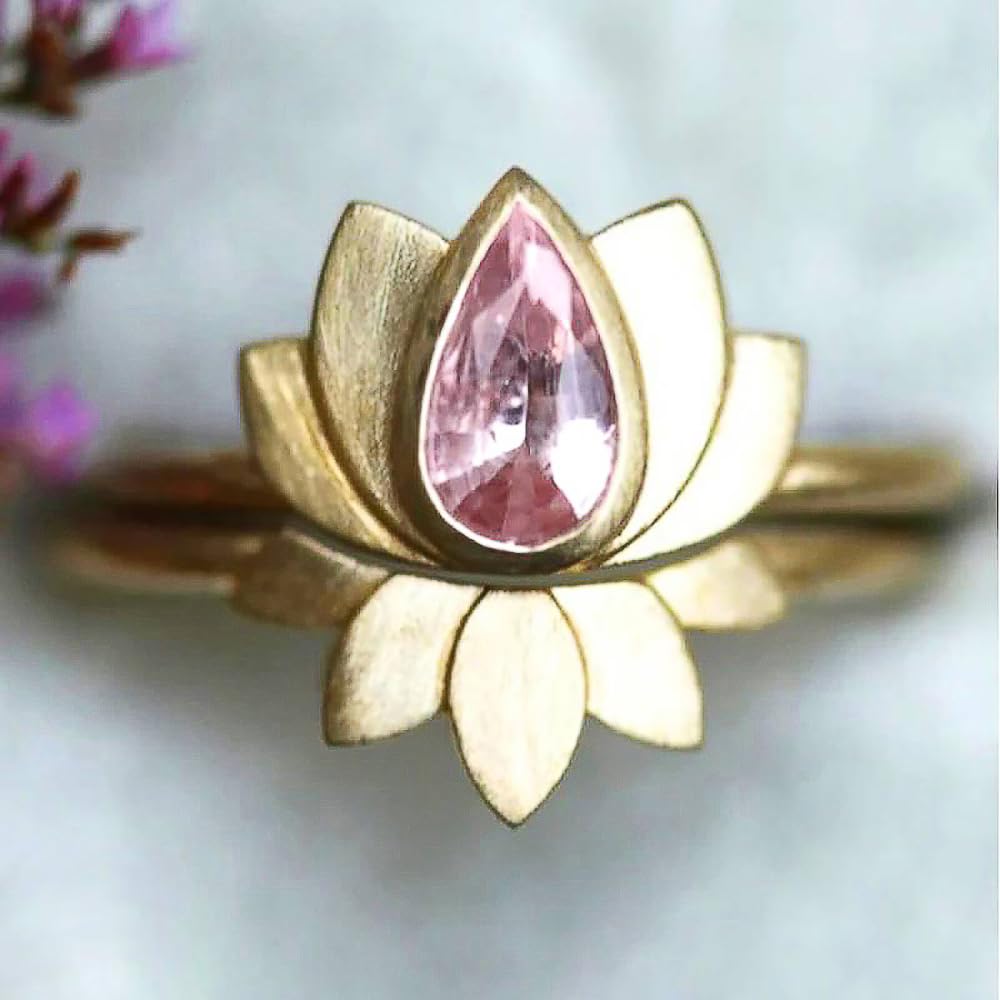 2 Pieces Lotus Shape Engagement Ring Set for Women with Cubic Zirconia