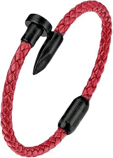 Men's Braided Leather Bracelet with Black Stainless Steel Nail Ornament, Slim Leather Bangle Bracelet for Men and or Women, Minimalist and Urban Style Unisex