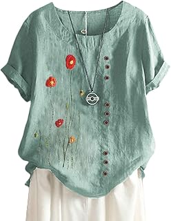 ORANDESIGNE Linen Shirt Short Sleeve Women Casual Vintage Tops Blouse T-Shirts Short Sleeve Crew Neck Tunic Tops Shirt Loose Plus Size T Shirt