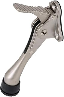 HA SHI One Touch Kickdown Door Stopper, Satin Nickel, 4 Inch, 1 Pack | Tap down with your foot to hold it open, lift to release. Adjust the rubber tip height to clear carpet, tile or thresholds.